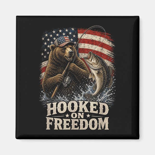 Hooked on freedom fishing bear american flag magnet (Front)