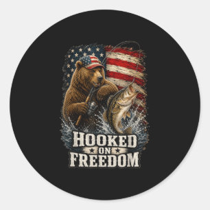 Hooked on freedom patriotic bear fishing angler classic round sticker