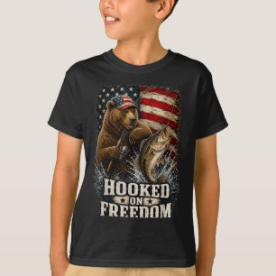 Hooked on freedom patriotic bear fishing angler T-Shirt