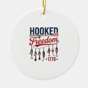 Hooked on Freedom Patriotic Fishing Shirt Design ( Ceramic Tree Decoration