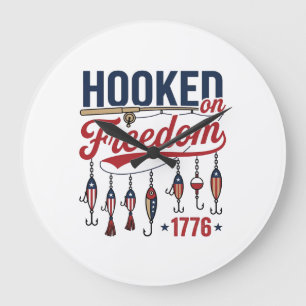 Hooked on Freedom Patriotic Fishing Shirt Design ( Large Clock