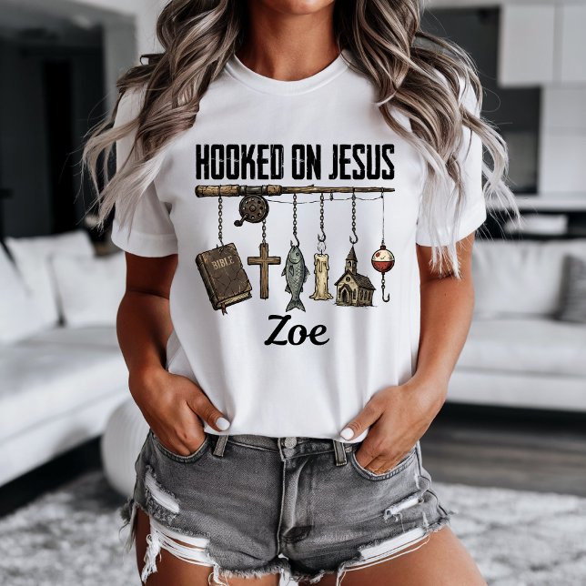 Hooked on Jesus Personalised T-shirt (Hooked on Jesus t-shirt. )