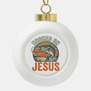 Hooked On Jesus Vintage Bass Fishing Faith Ceramic Ball Christmas Ornament