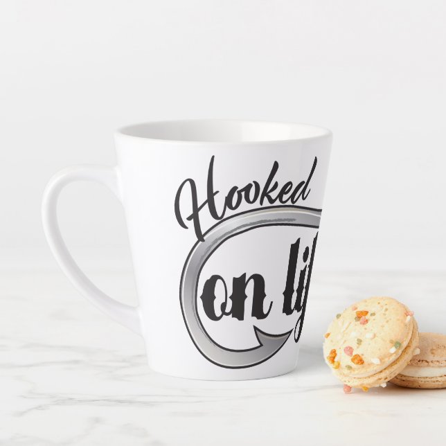 "Hooked On Life" hook illustration, personalise Latte Mug (In Situ)