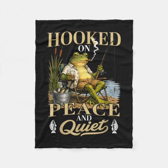 Hooked on peace and quiet funny fishing frog  fleece blanket (Front)