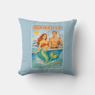 Hooked Up Fishing Pin-up Mermaid   Funny Nautical Cushion
