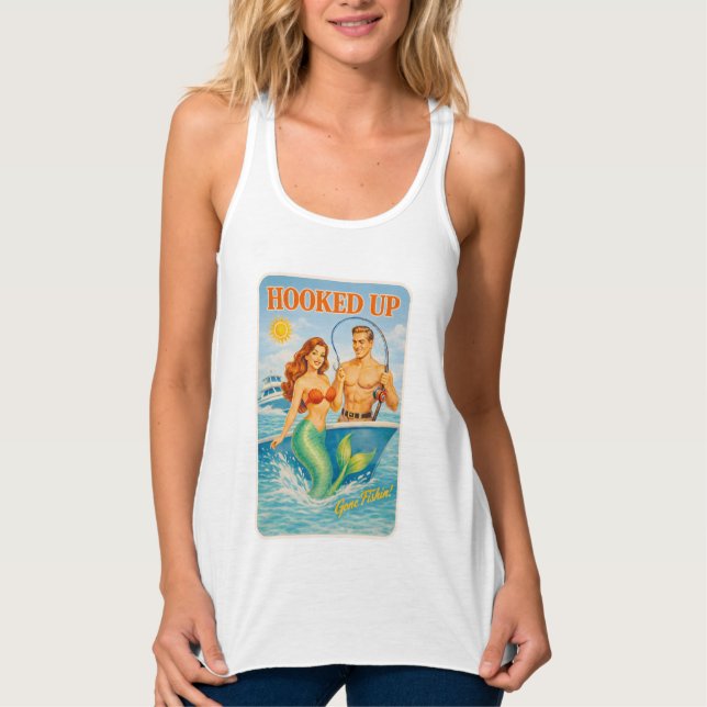 Hooked Up Fishing Pin-Up Mermaid Funny Retro Fish Singlet (Front)