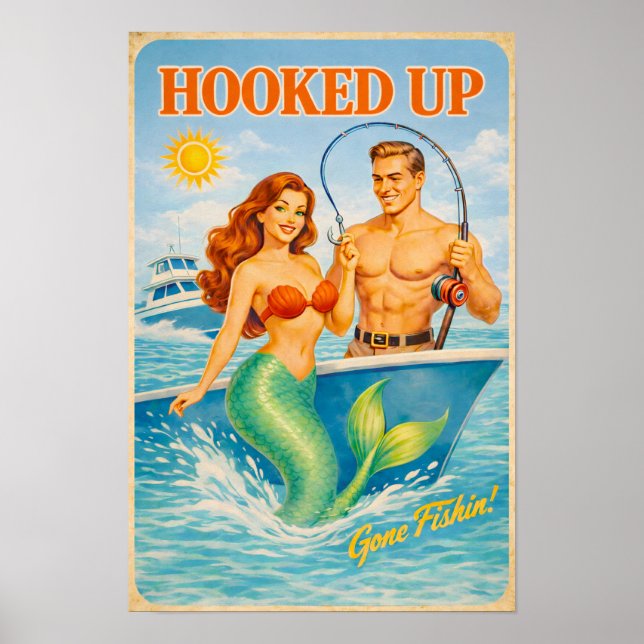 Hooked Up Retro Pin-Up Mermaid | Fishing Boat Art Poster (Front)