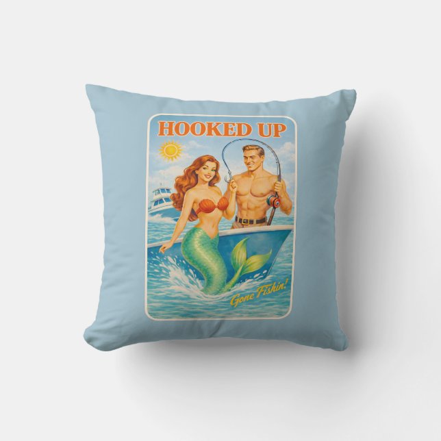 Hooked Up Retro Pin-Up Mermaid | Fishing Boat Blue Cushion (Front)