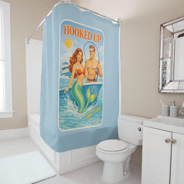 Hooked Up Retro Pin-Up Mermaid | Fishing Boat Blue Shower Curtain (In Situ)