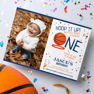 Hoop It Up Blue Photo Basketball 1st Birthday Invitation