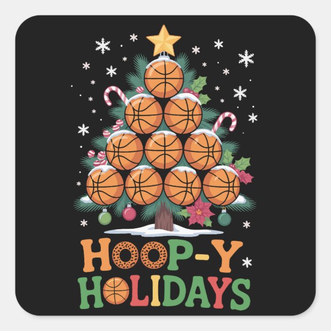 Hoop-y Holidays Basketball Christmas Holiday Sport Square Sticker (Front)