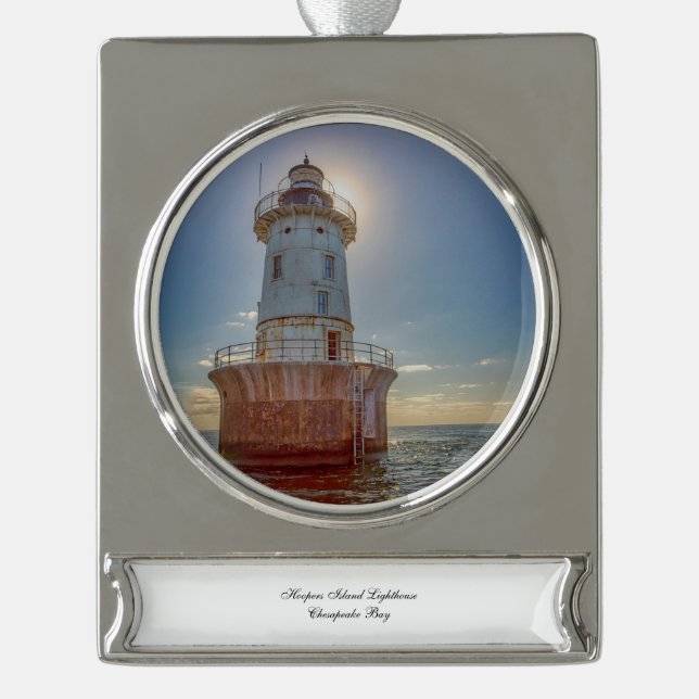 Hoopers Island Lighthouse Silver Plated Banner Ornament (Front)