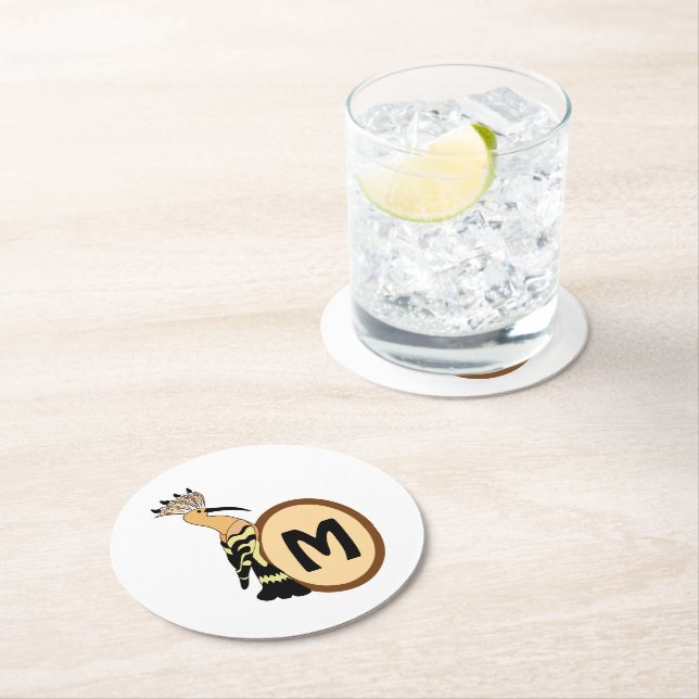 Hoopoe Whimsical Bird Monogram Round Paper Coaster (Insitu)