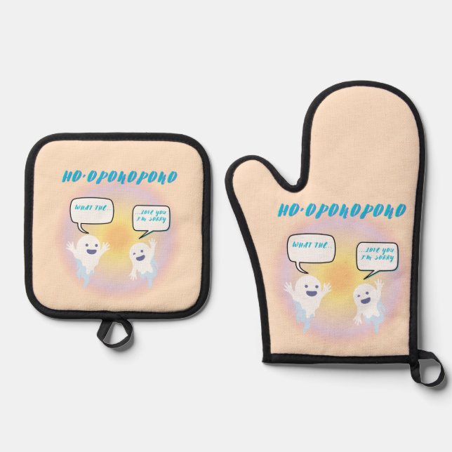 Ho'oponopono Ghosts Healing & Funny Two-Tone Oven Mitt & Pot Holder Set (Front)