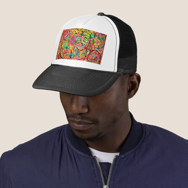 Hoops art design mixed colours jingle jangle trucker hat (In Situ)