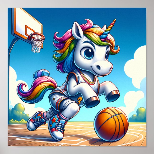 Hoops Dream: Rainbow Unicorn Basketball Star Poster (Front)