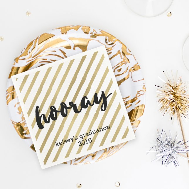 Hooray | Black & Faux Gold Stripe Graduation Napkin (Creator Uploaded)