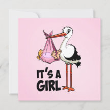 Hooray it's a girl - stork with baby 