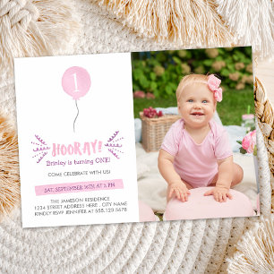 Hooray Photo Birthday Party Invitation Pink