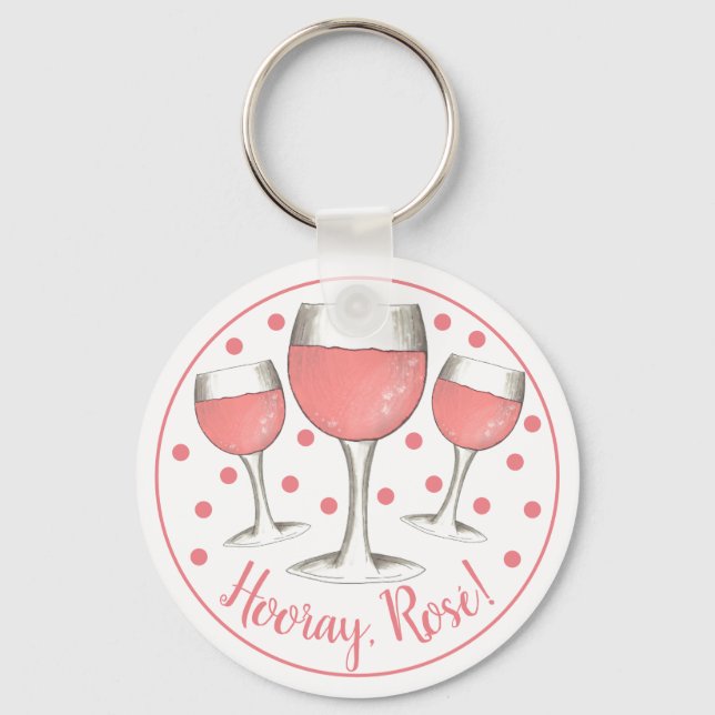 Hooray, Rosé! Blush Pink Rose Glass of Wine Winery Key Ring (Front)