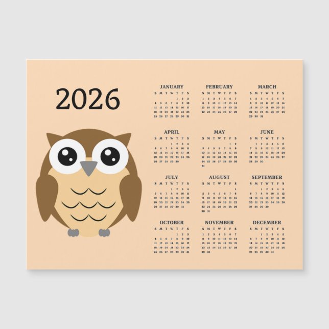 Hoot Owl 2026 Calendar Magnetic Card (Front)