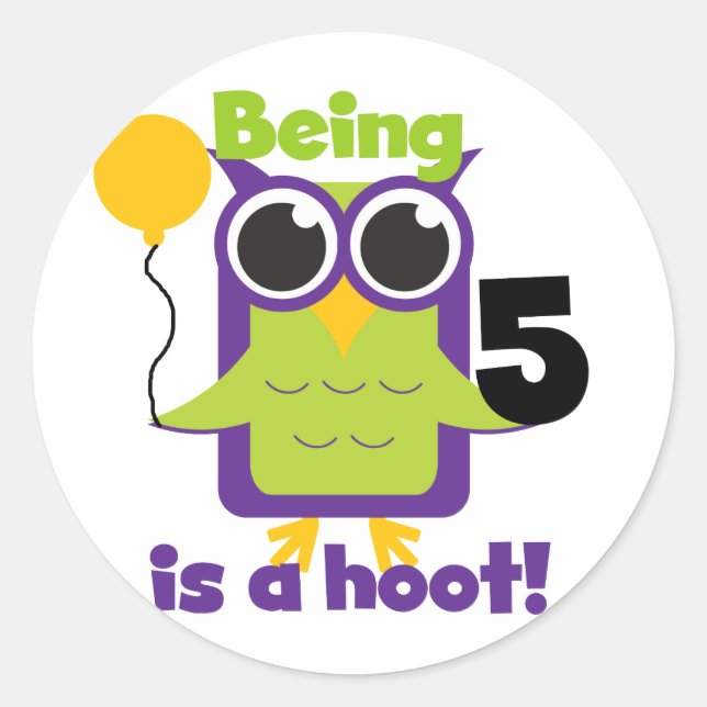 Hoot Owl 5th Birthday T-shirts and Gifts Classic Round Sticker (Front)