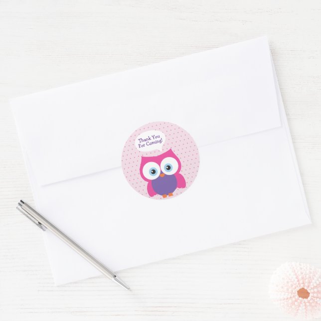 Hoot Owl Girl Pink Thank You for Coming Classic Round Sticker (Envelope)