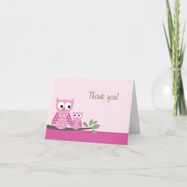Hoot Owl Pink Folded Thank you note card (Front)
