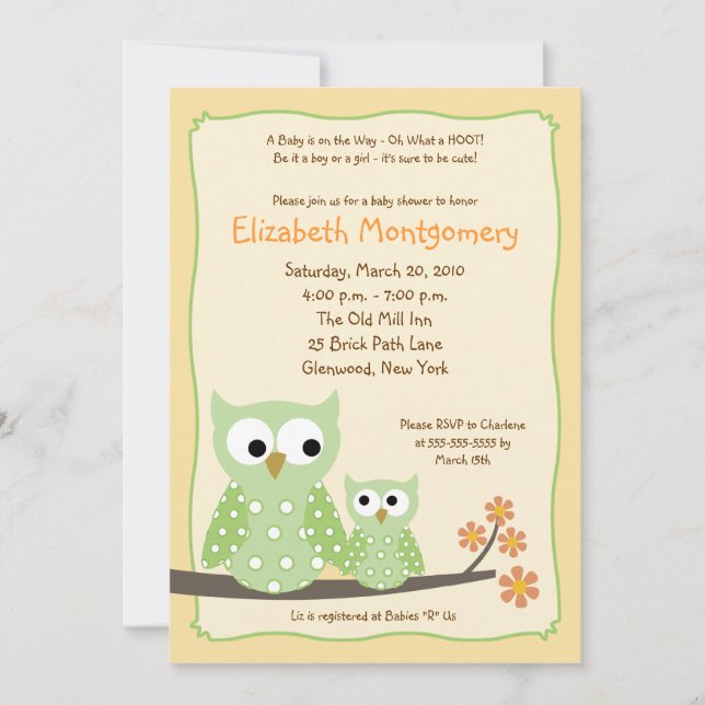 HOOT OWLS Green Neutral Baby Shower 5x7 Invitation (Front)