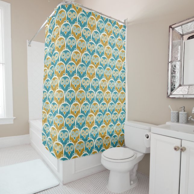 Hoot Owls Mustard and Turquoise Blue Patterned Shower Curtain (In Situ)