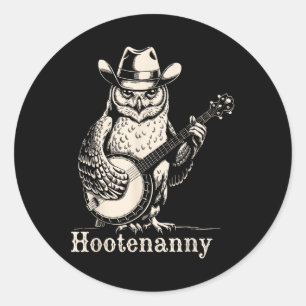 Hootenanny Owl Playing Banjo Guitar Cowboy Hat Vin Classic Round Sticker