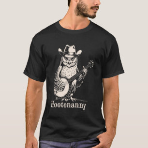 Hootenanny Owl Playing Banjo Guitar Cowboy Hat Vin T-Shirt
