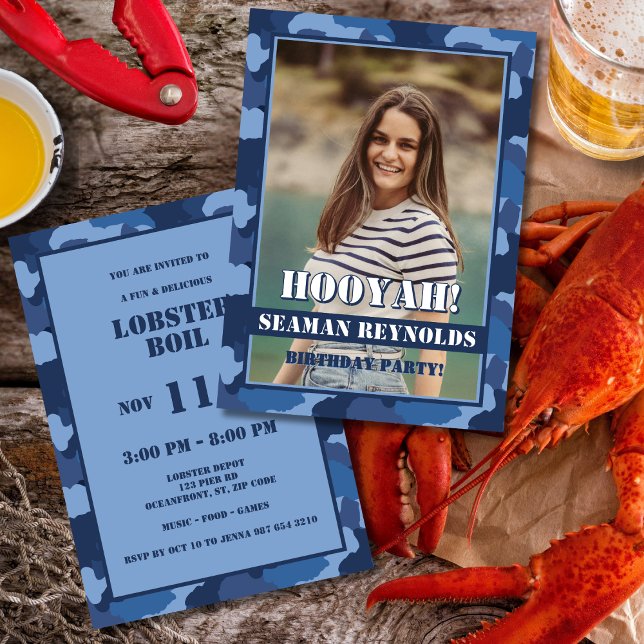Hooyah! Blue Camo Photo Birthday Lobster Boil Invitation (Creator Uploaded)