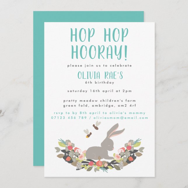Hop Hop Hooray Rabbit Birthday Party Invitation (Front/Back)
