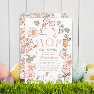 Hop on Over Bunny Boho Floral Girl Baby Shower Invitation