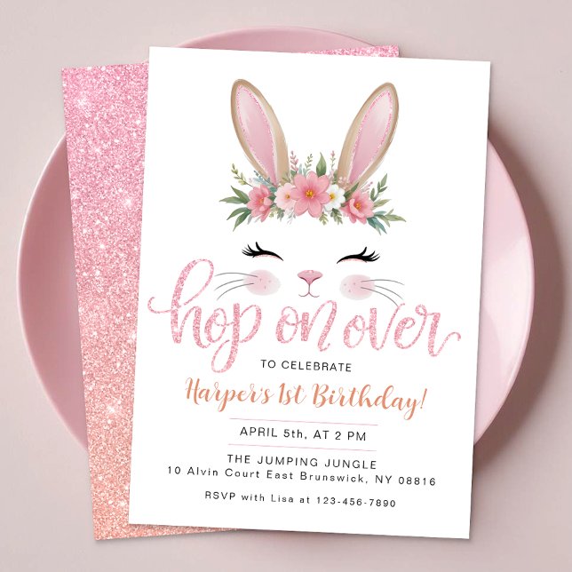 Hop On Over Cute Bunny Birthday Party  Invitation (Hop on over, birthday invite)
