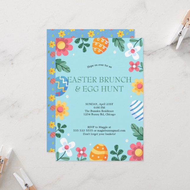 Hop on Over Easter Brunch Egg Hunt Bunny Floral Invitation (Front/Back In Situ)