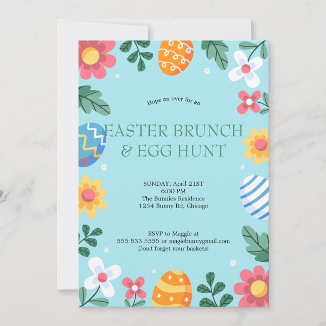 Hop on Over Easter Brunch Egg Hunt Bunny Floral Invitation (Front)