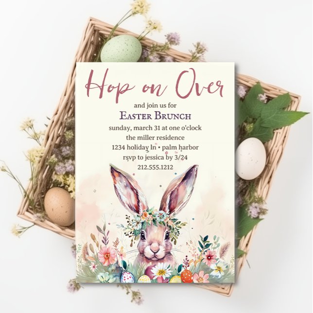 Hop on Over Easter Bunny Spring Floral Brunch  Invitation (Creator Uploaded)