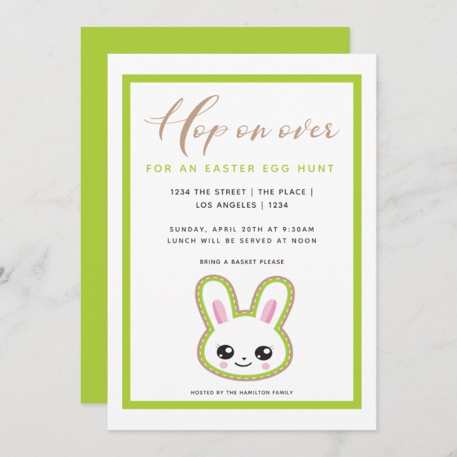 Hop On Over Easter Egg Hunt Bunny Personalised Invitation (Front/Back)