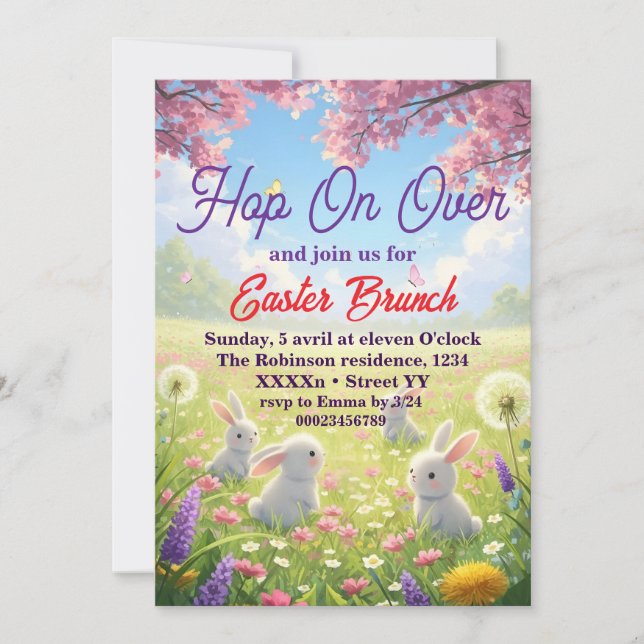 Hop on Over Easter Floral  Bunny Spring Brunch Invitation (Front)