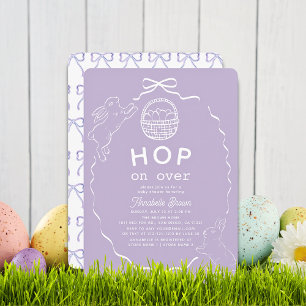 Hop on Over Lavender Bow Bunny Baby Shower Invitation
