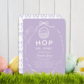 Hop on Over Lavender Bow Bunny Baby Shower Invitation
