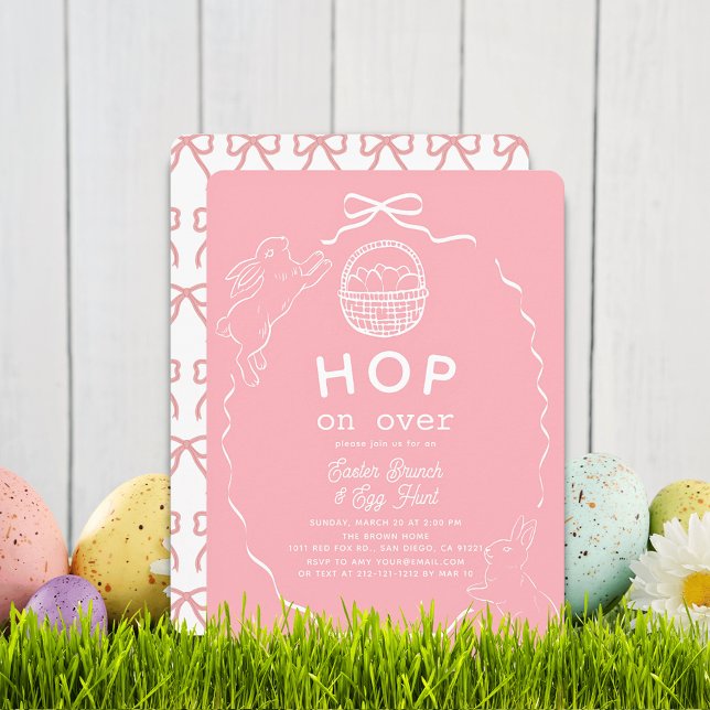 Hop on Over Pink Bow Bunny Easter Brunch Invitation (Creator Uploaded)