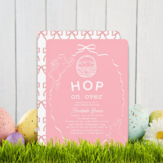 Hop on Over Pink Bow Girl Bunny Baby Shower Invitation