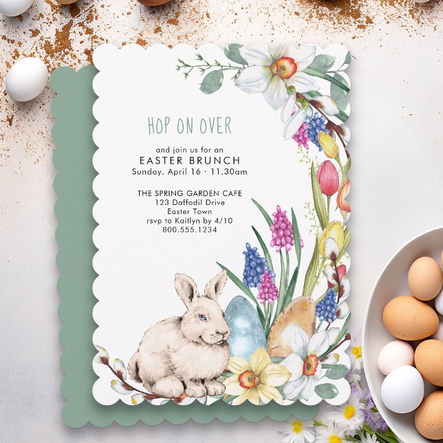 Hop On Over Spring Floral Easter Brunch Invitation (Easter Brunch Invitation with cute rabbit, spring flowers and eggs)