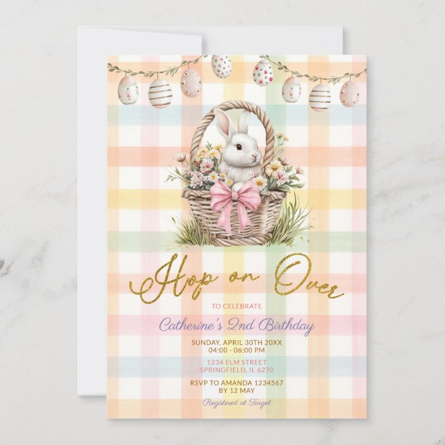 Hop On Over Spring Gingham Bunny Basket Birthday Invitation (Front)