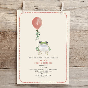 Hop On Over Woodland Frog Pink Birthday Party Invitation