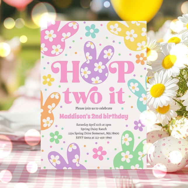 Hop Two It Bunny 2nd Birthday Pastel Daisy Floral  Invitation (Creator Uploaded)